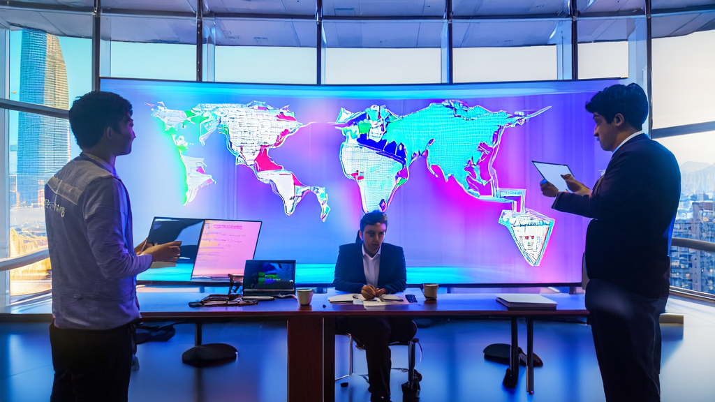 A group of young entrepreneurs discussing AI email marketing data and strategies in a modern office, with a cityscape and global market map in the background.