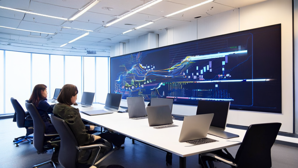 E-commerce team discussing AI email marketing strategies, with a background wall showing Oracle's stock surge and AI revenue growth forecast