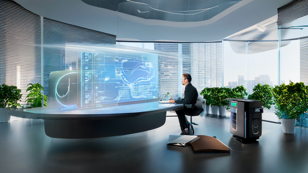 In a futuristic office, an entrepreneur leverages AI-optimized email marketing to improve reply rates and expand the client base.