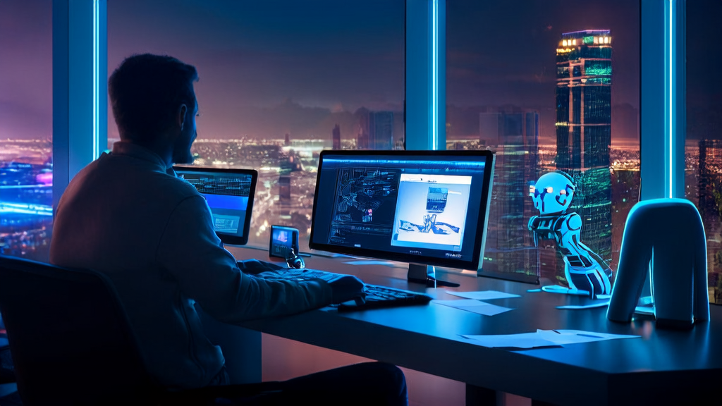 In a high-tech office with a city night view, a programmer is using Apple Xcode integrated with Claude Sonnet4 to optimize email marketing content.