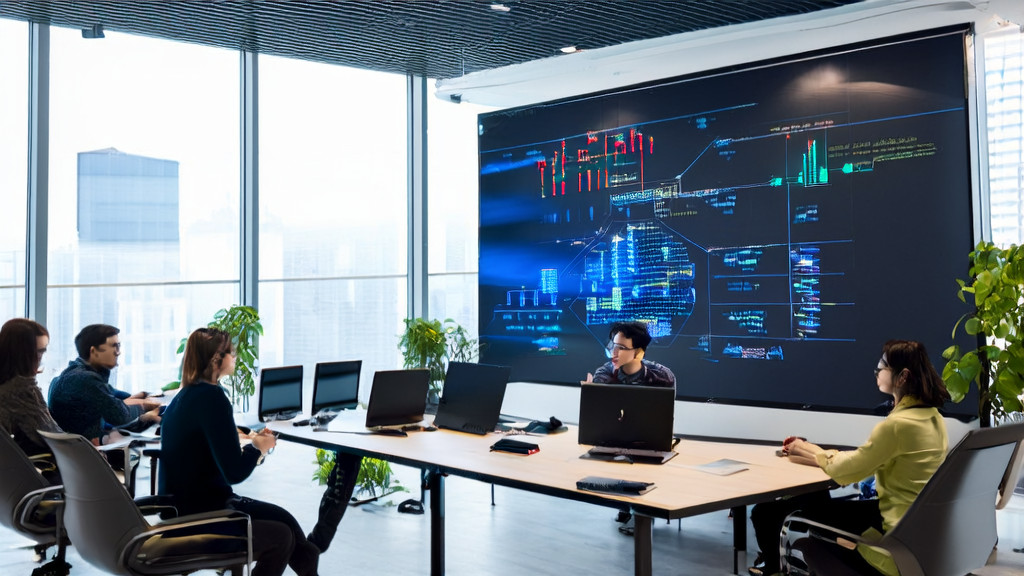 AI email marketing team discussing cost optimization and technology innovation strategies, with an OpenAI logo on the background wall