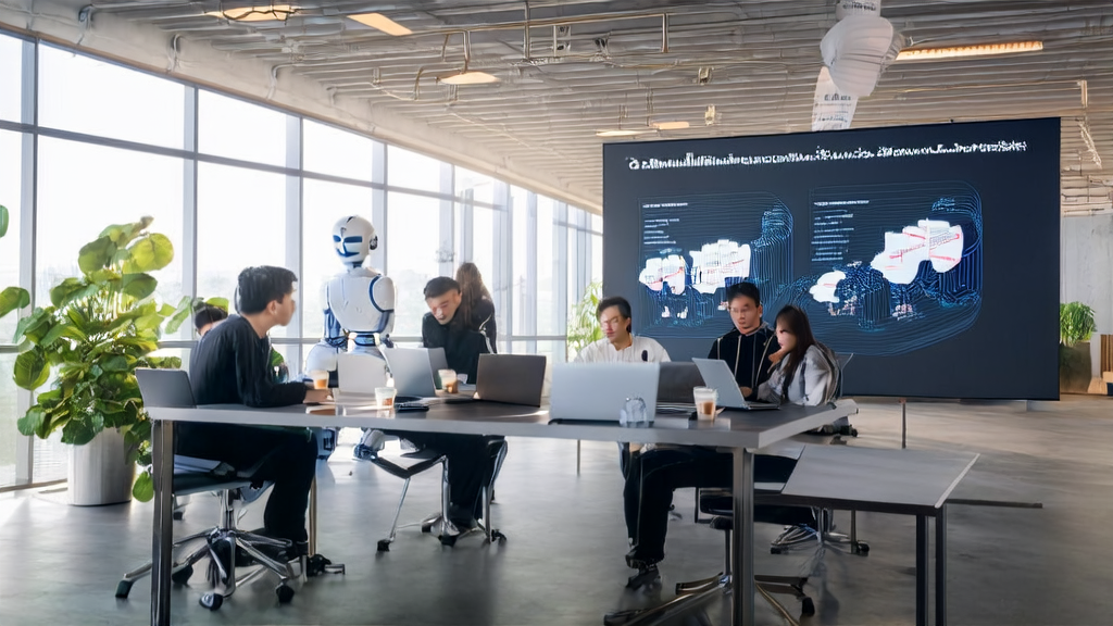 A futuristic office scene showcasing the use of cross-border e-commerce email automation tools
