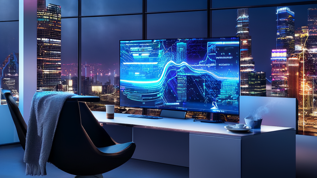 A futuristic office with a smart computer screen displaying the Runway AI “Game World“ platform, showing user behavior data and personalized email content.