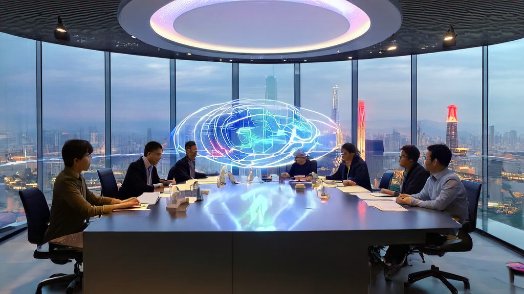市场营销专家使用AI邮件营销获客技术，在充满科技感的会议室中分析客户数据，背景为上海繁华天际线。