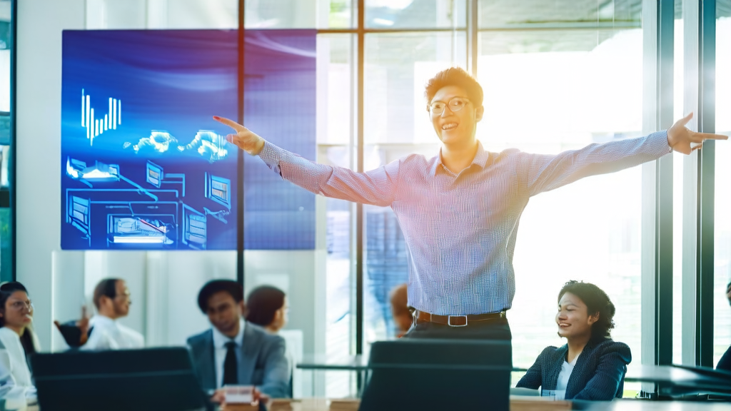 阳光下的现代办公楼内，员工们利用AI技术优化邮件发送时间，提升销售转化率