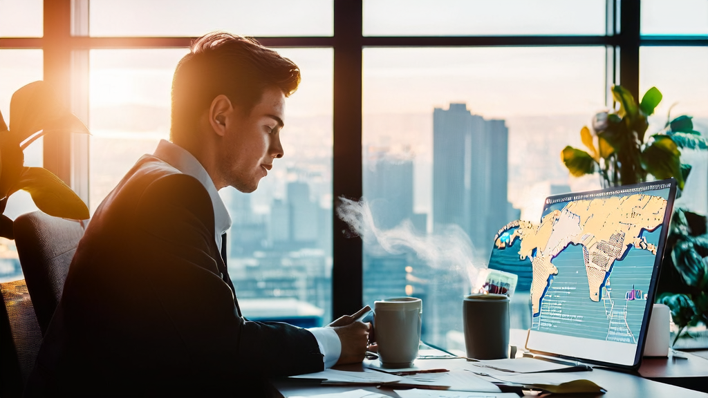 A young entrepreneur using AI email marketing tools in a modern office on a sunny morning