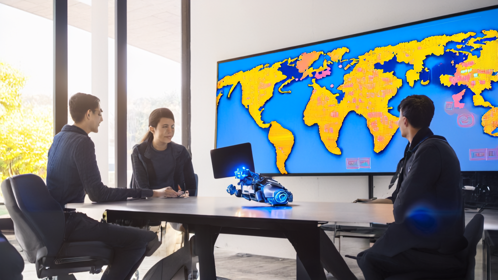 Young entrepreneurs discussing AI email marketing strategies in a sunny modern office, with a Zhiyuan A2 humanoid robot model on the table.