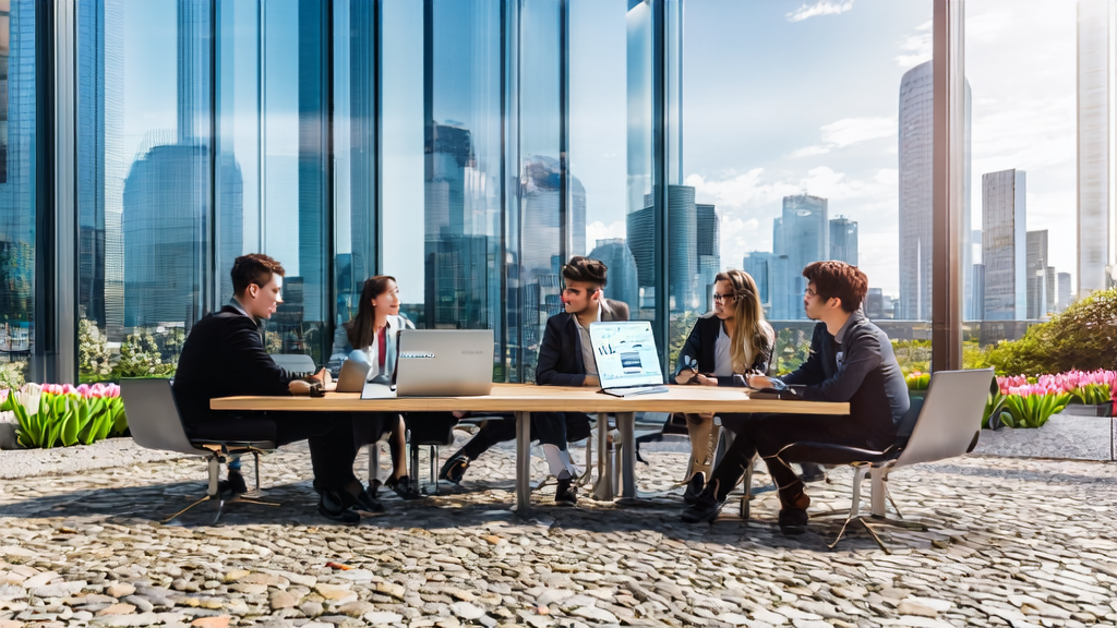 AI Email Marketing Acquisition Strategy: Young professionals discussing how to achieve user growth with DeepSeek in front of a modern office building