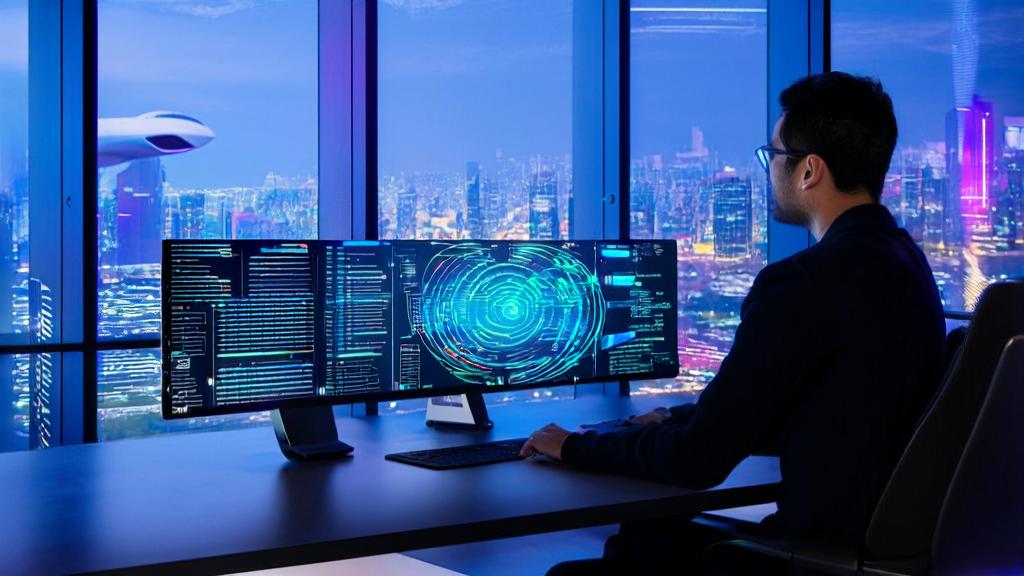 A futuristic office using AI email marketing tools to match customer preferences and enhance marketing effectiveness