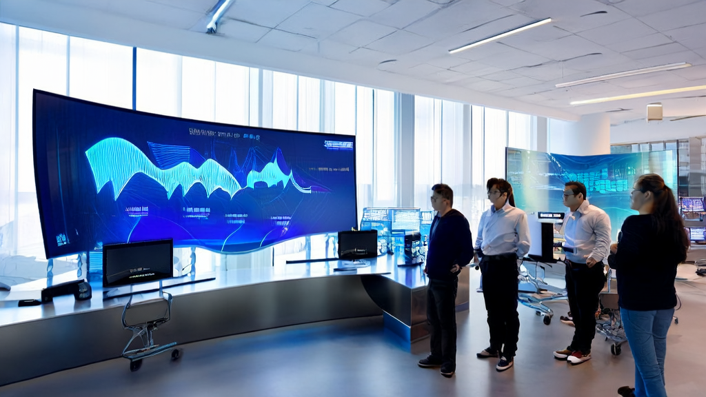 In a modern office, team members gather around a smart screen to discuss AI email templates, with a Suno v4.5+ launch poster on the wall.