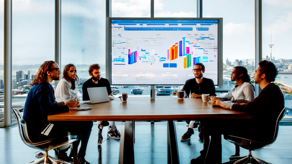 一群年轻白领在办公室中讨论AI邮件营销策略，使用火山引擎的AI智能推荐系统