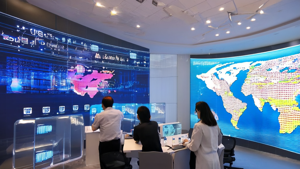 In a modern office, employees are using AI technology to optimize international trade email marketing, with screens displaying global customer feedback data and multilingual email samples.