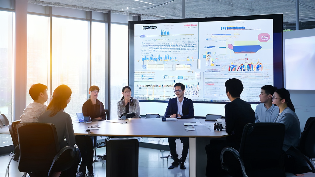 现代办公室中的团队正在讨论如何通过AI邮件营销和快手OneRec推荐系统优化获客策略