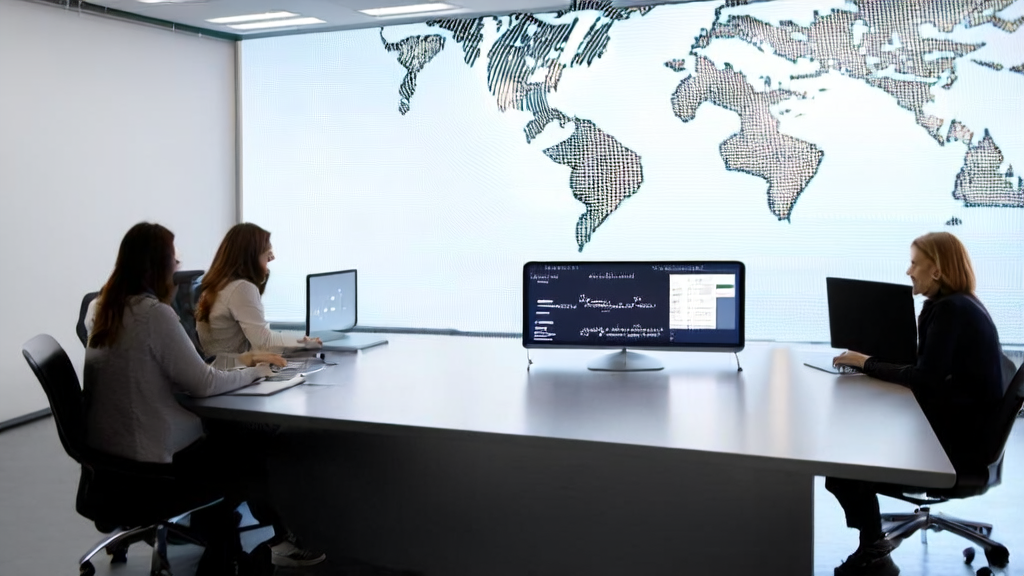 Employees using Microsoft Notepad's AI writing feature to create multilingual marketing emails, with a world map in the background