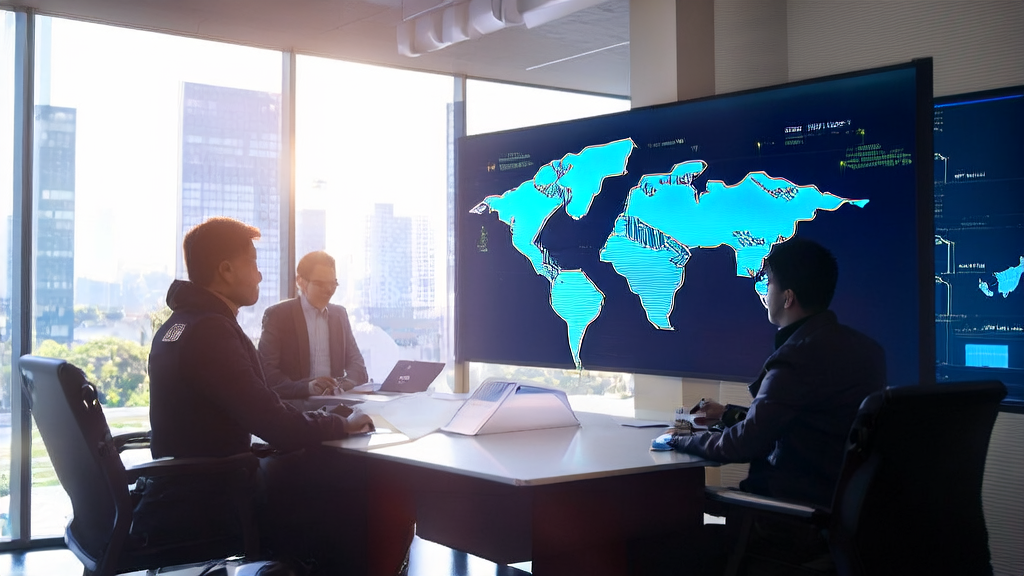 Entrepreneurs discussing AI email marketing strategies in a modern office, with a global market map and data analysis charts in the background.