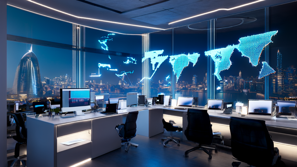 A futuristic office with an AI email marketing dashboard and a cross-border e-commerce market map