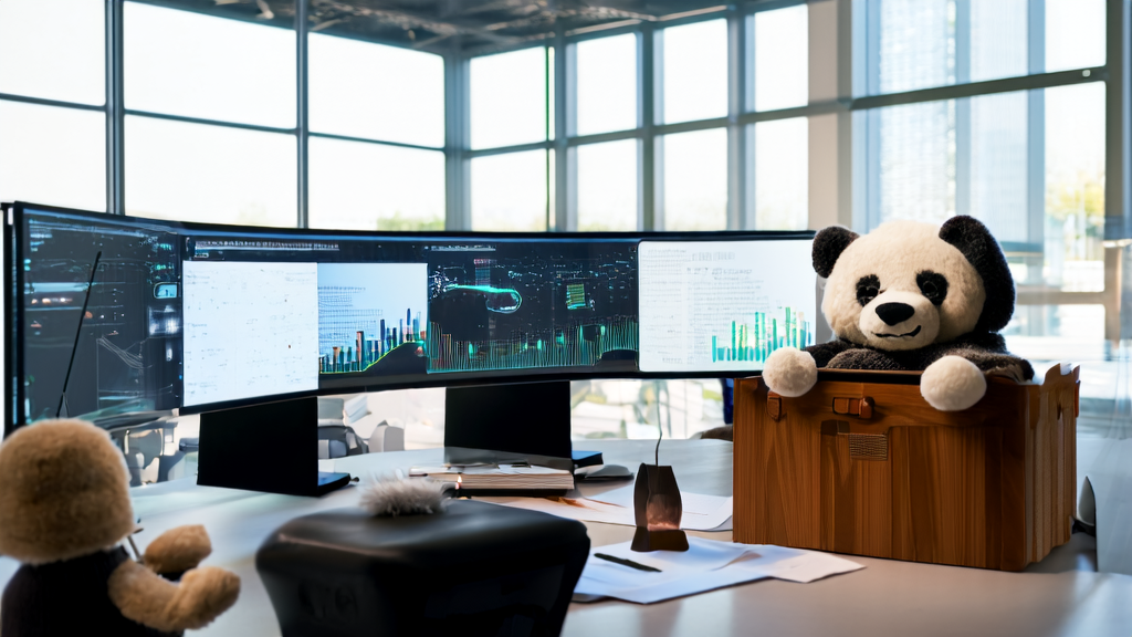 In a modern office, employees are optimizing email marketing using AI technology, with a traditional mailbox model and a wool felt panda on the table.