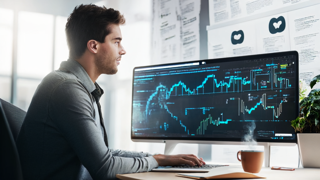 A young entrepreneur analyzing data using AI email marketing tools in a modern office to achieve precise customer acquisition and efficient conversion.