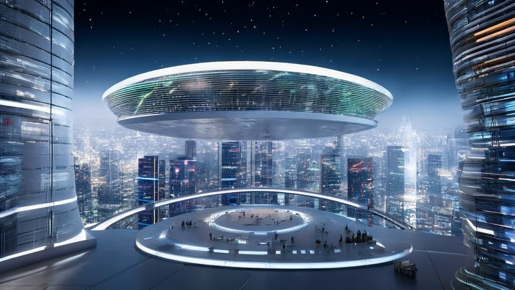 A futuristic AI email marketing control center in a city, showcasing big data analysis and personalized email generation process