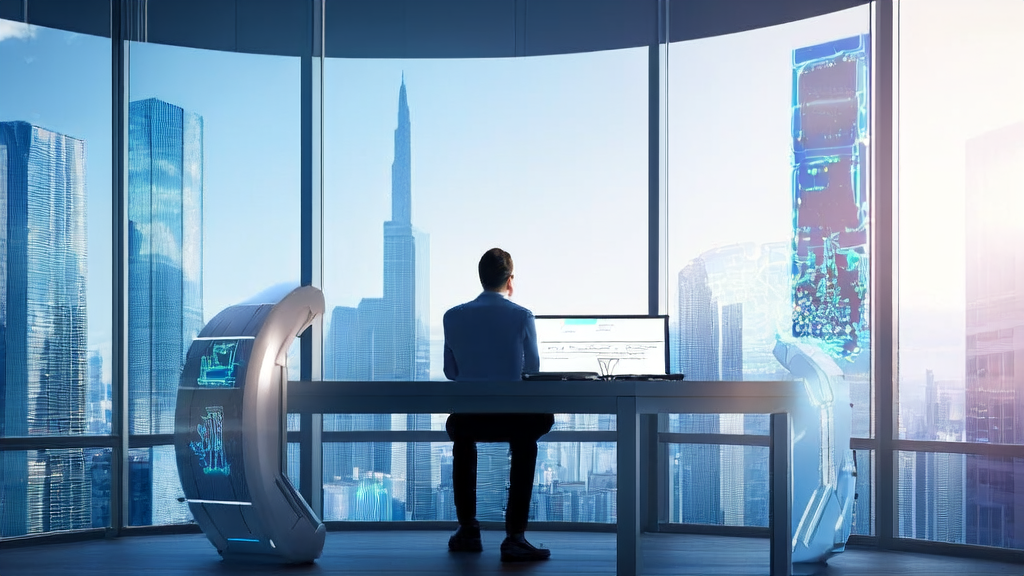 In a futuristic city office, a marketing professional uses AI email marketing tools for personalized email customization and optimization