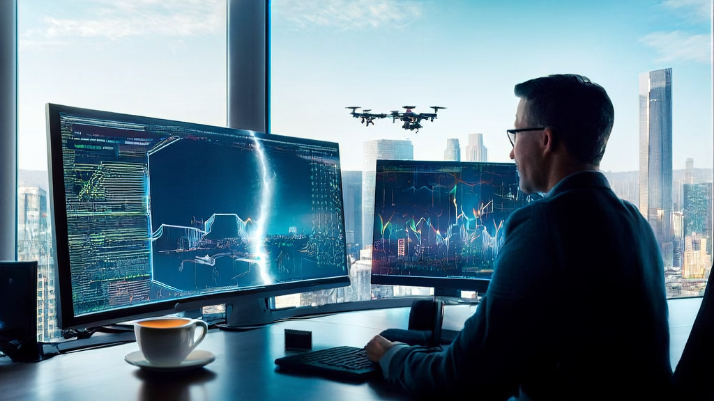 未来城市的科技公司办公室内,数据分析师正在使用AI邮件营销系统进行客户获取优化