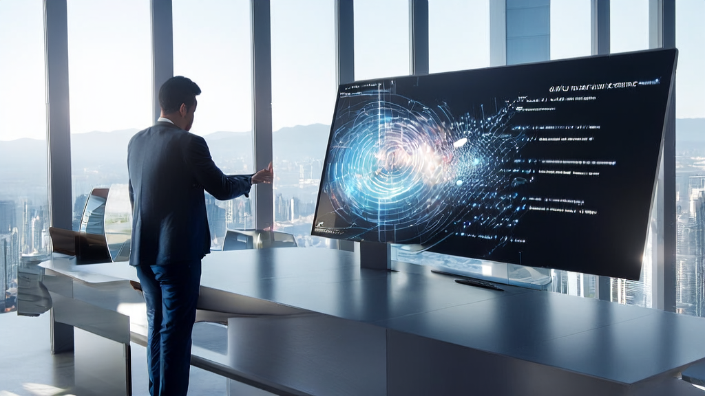 Marketing expert using AI font generator and personalized email marketing tools in a futuristic office