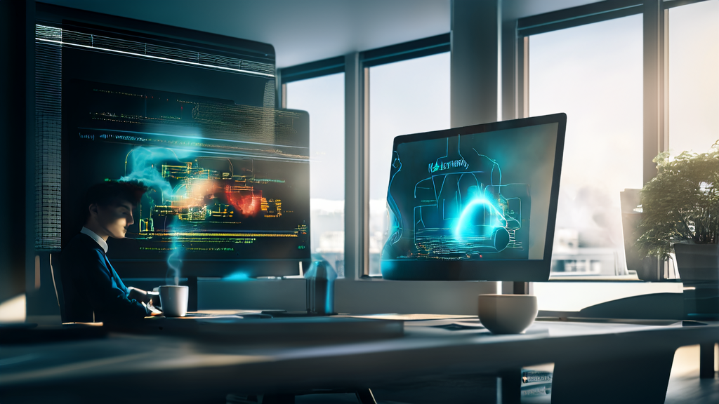 Future office scene showcasing AI-generated personalized video emails to enhance email marketing effectiveness