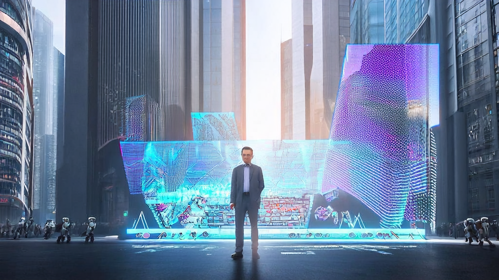 未来城市中，商务人士正在使用AI邮件营销工具Grok 4进行数据分析和客户触达。