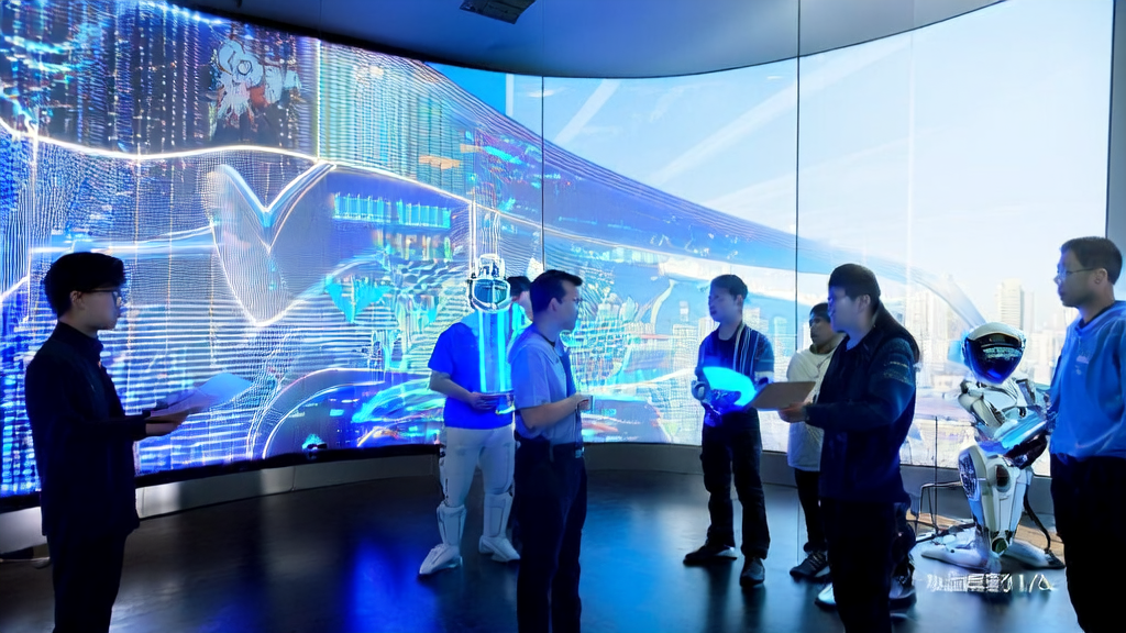 In a futuristic office, Chinese AI engineers use advanced technology to optimize email marketing strategies and improve reply rates.