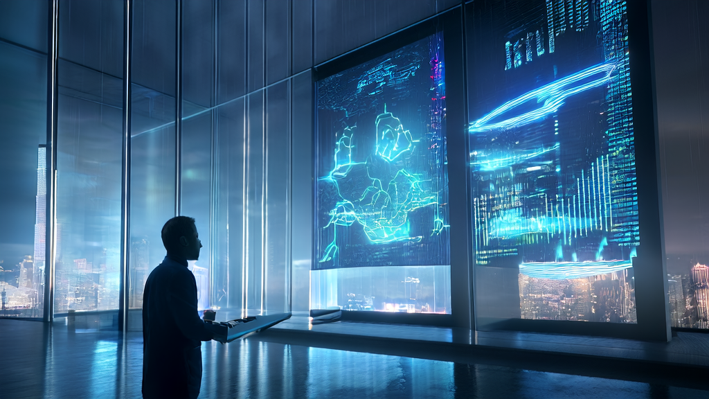 Data scientist in a futuristic office analyzing ultrapersonalized email marketing strategies using AI customer prediction models