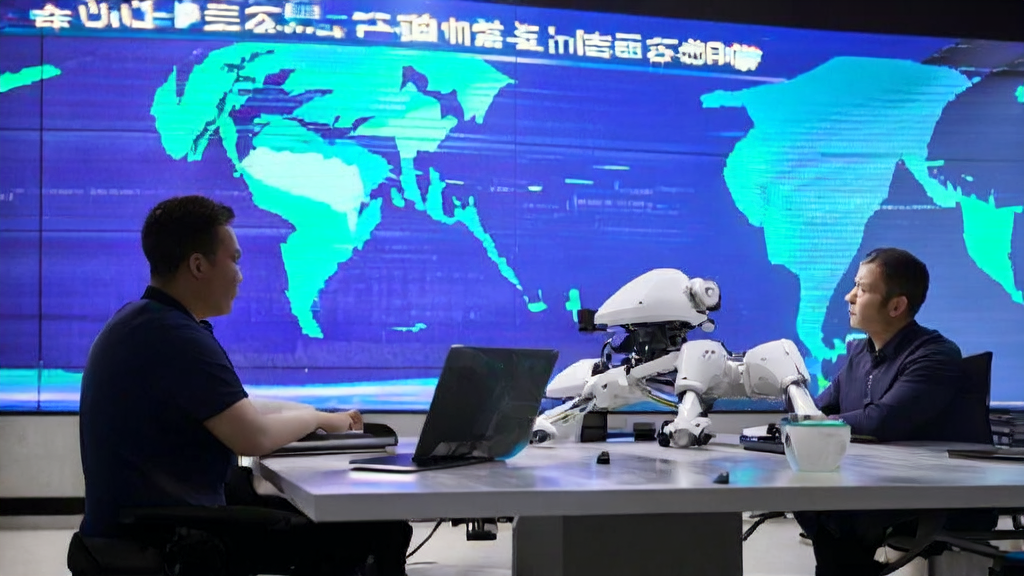工程师们在充满科技感的办公室中操作特斯拉人形机器人模型，展示AI邮件营销在全球市场的应用