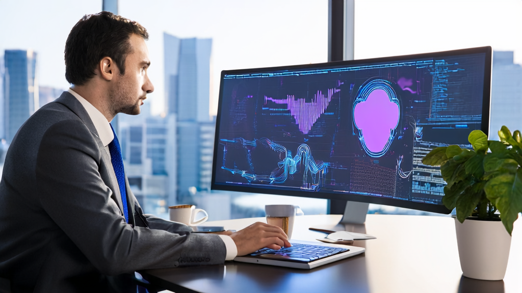 商务人士在现代化办公室中使用AI邮件营销工具优化海外市场效果