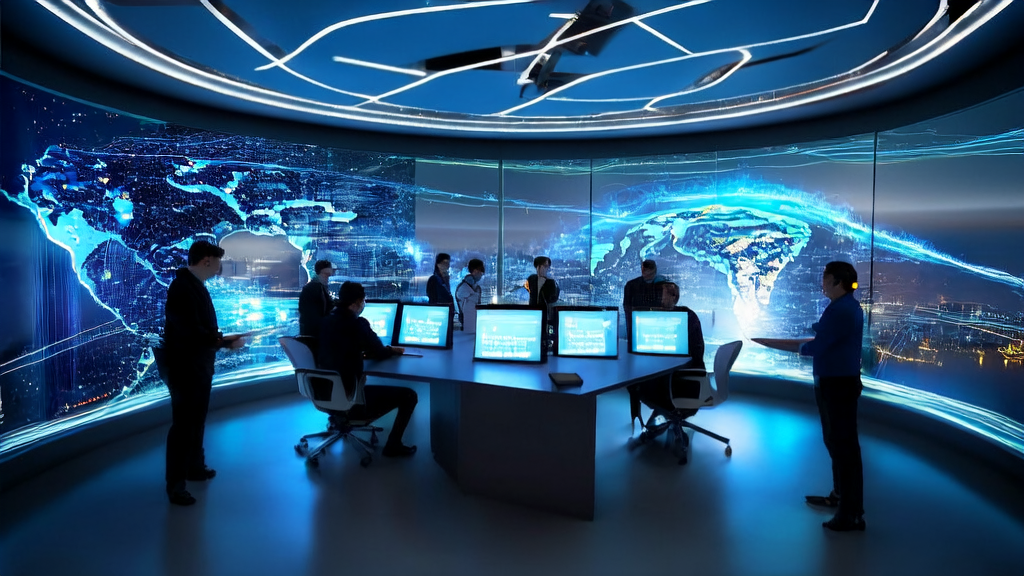 In a futuristic tech office, a team is discussing around a multi-language AI email generator, with the backdrop of a bustling city night view, symbolizing global communication and collaboration.