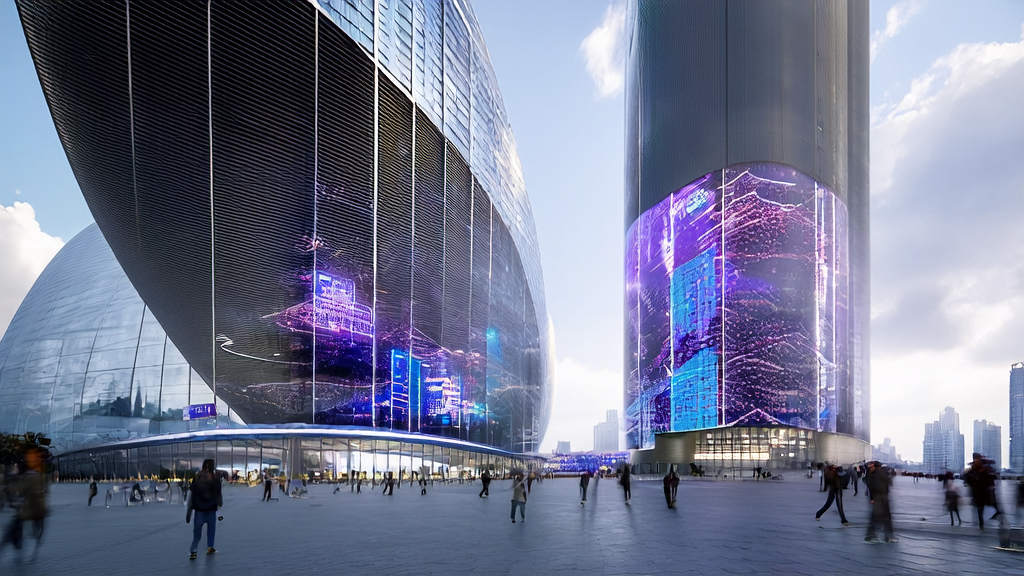 In the heart of a futuristic city, people optimize AI email marketing effectiveness using the MaxKB platform to boost cross-border trade success.