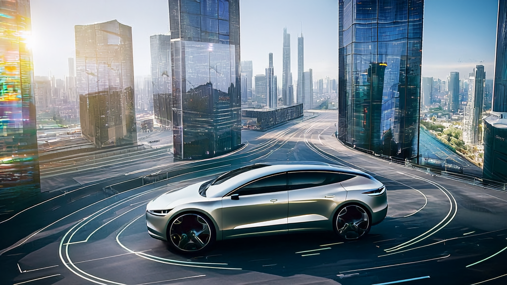 A futuristic city with Tesla Robotaxis and the Grok AI control center, showcasing a high-tech AI email marketing scenario