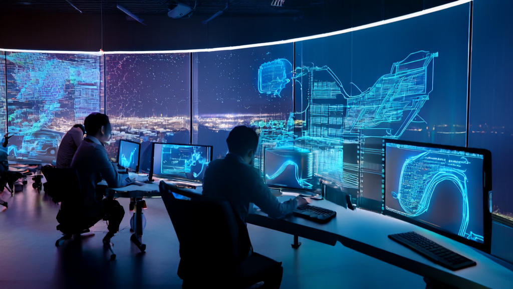 In a futuristic office, technicians use AI to optimize email marketing strategies and improve customer response rates
