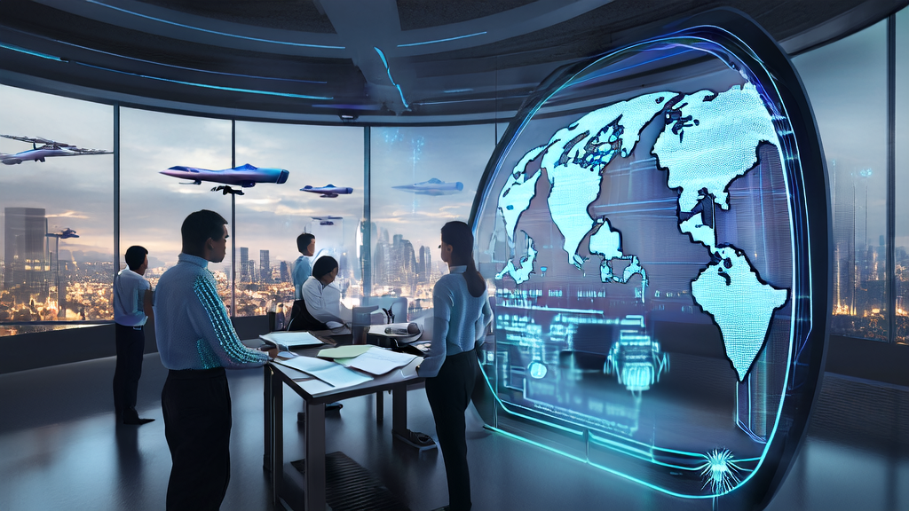 In a futuristic office, employees are using AI technology for high-conversion email marketing, with a world map on the wall marking key global markets.