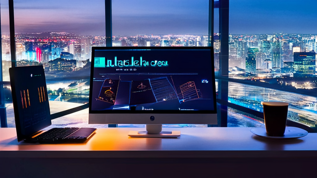 A futuristic office showcasing Kelin AI's “Spirit Animation Canvas“ workspace for efficient email marketing