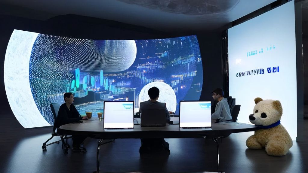 年轻工程师们在充满科技感的办公室中探讨AI邮件营销技术，背景墙上是巨大的月球图案。