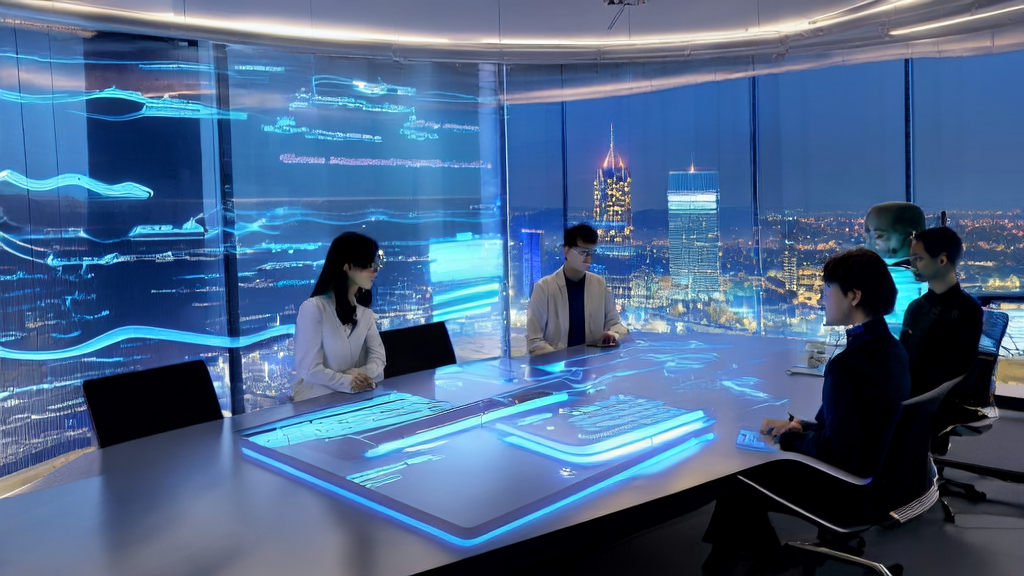 在充满未来感的办公室中，创业者们利用AI技术优化邮件营销，提高客户回复率