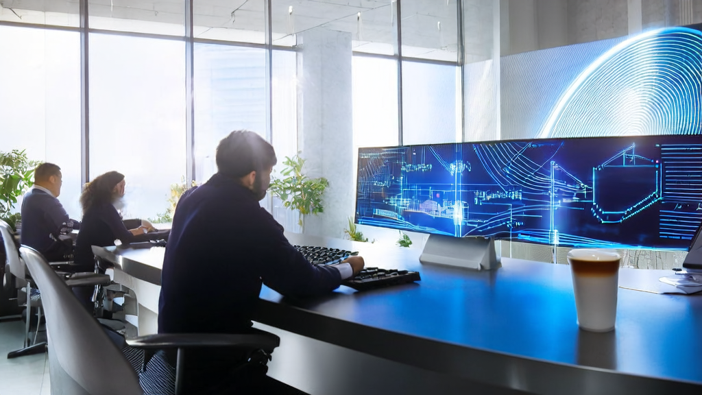 A modern office bathed in sunlight, where employees are optimizing cross-border e-commerce emails using AI email polishing tools, with an intelligent robot assistant aiding their work.