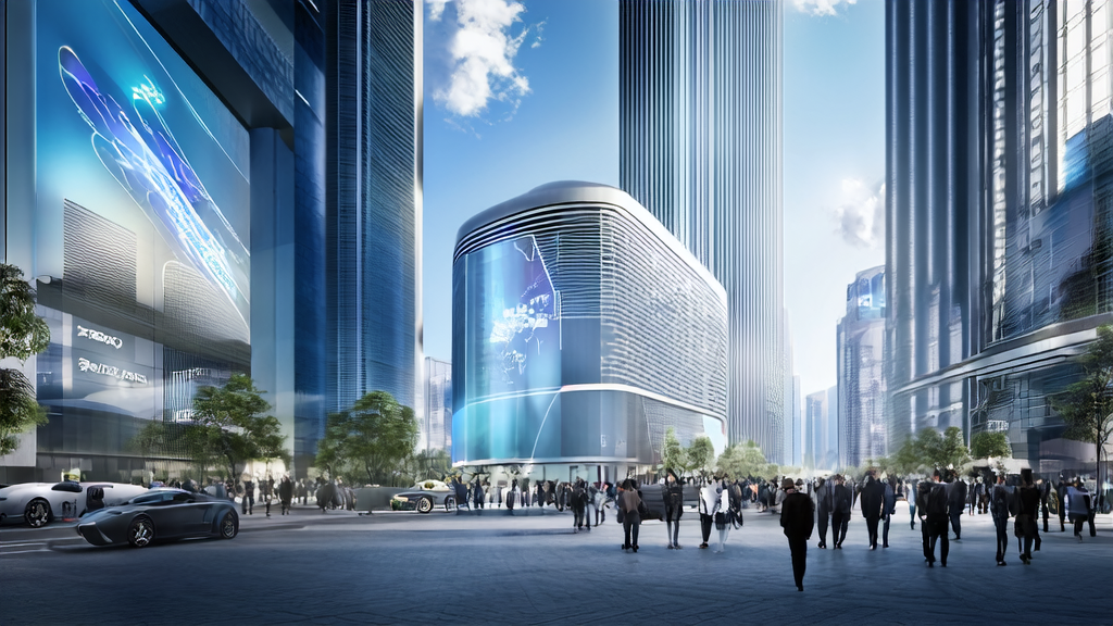 未来城市中的AI邮件营销场景，展示现代化办公楼和先进技术设备