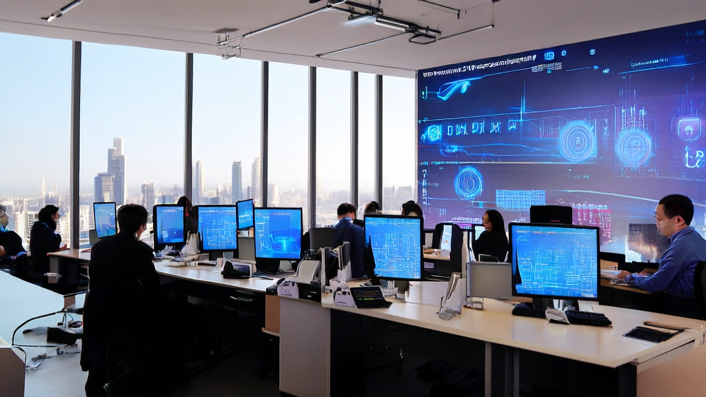 Modern office with employees using AI technology for email marketing, city skyline in the background, and a poster of Ele.me's AI merchant operating system on the wall.
