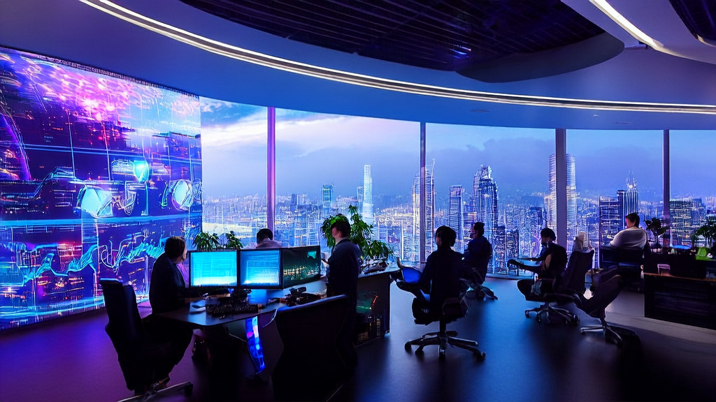 在充满未来感的办公室中，营销团队利用AI技术分析邮件营销数据，提升邮件的阅读与回复率。