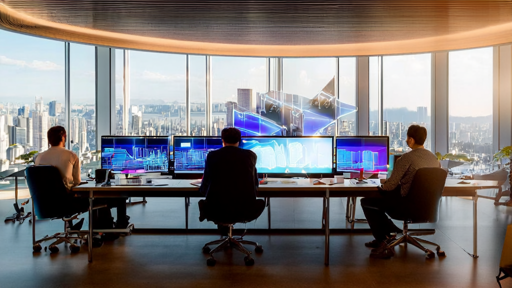 In a futuristic city office, a young professional uses AI email marketing tools to create personalized emails, with a smart speaker Pro placed nearby