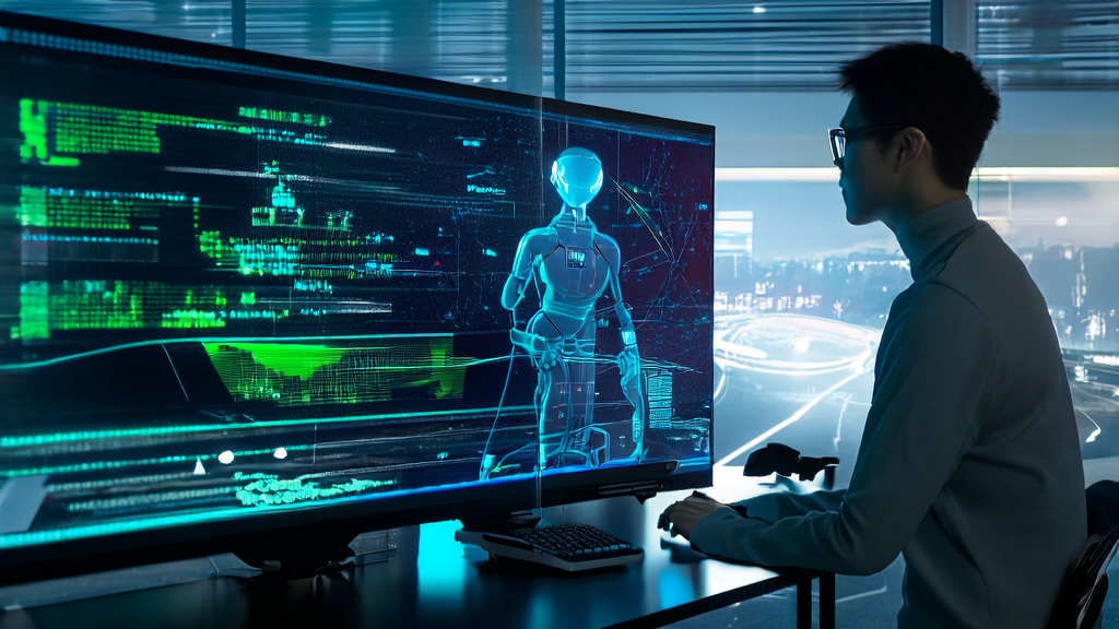 A young entrepreneur optimizing email marketing with AI technology in a high-tech office, with a bustling city night view in the background.