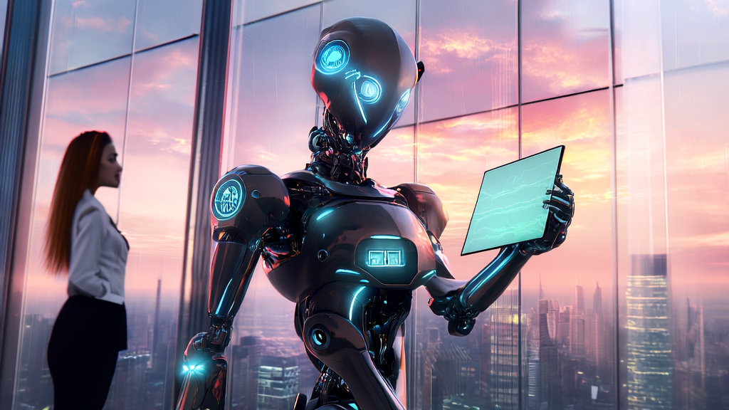 In a futuristic city at sunset, an email robot delivers an email to a white-collar worker, symbolizing the technological innovation in AI email marketing.