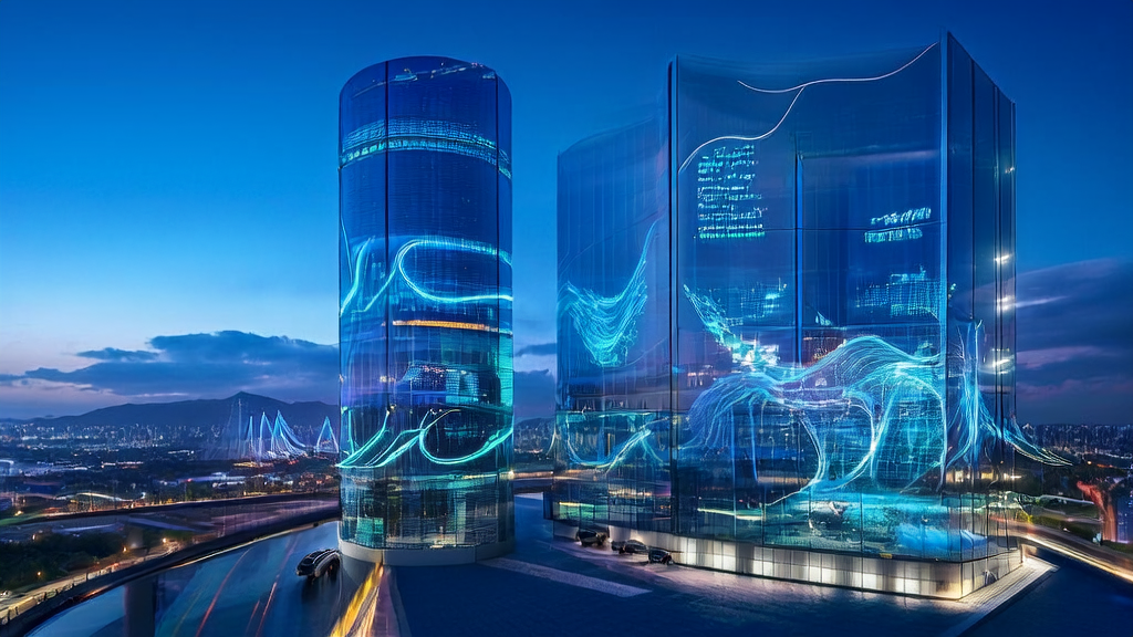 未来城市中的创业者使用AI工具优化邮件营销策略，背景是高科技办公楼和繁忙的无人驾驶交通系统。