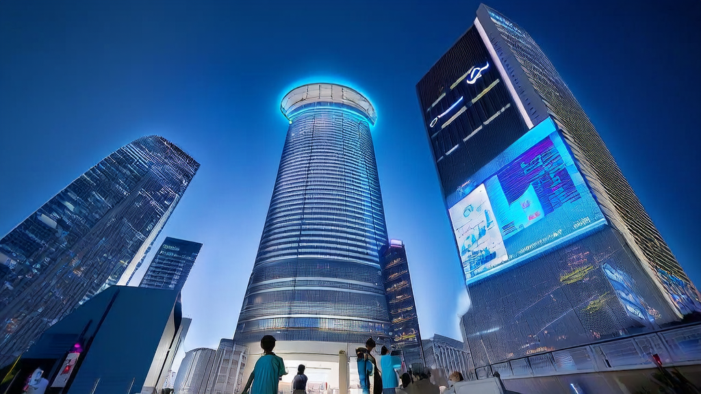 AI email marketing team in a futuristic city enhancing user engagement with advanced technology