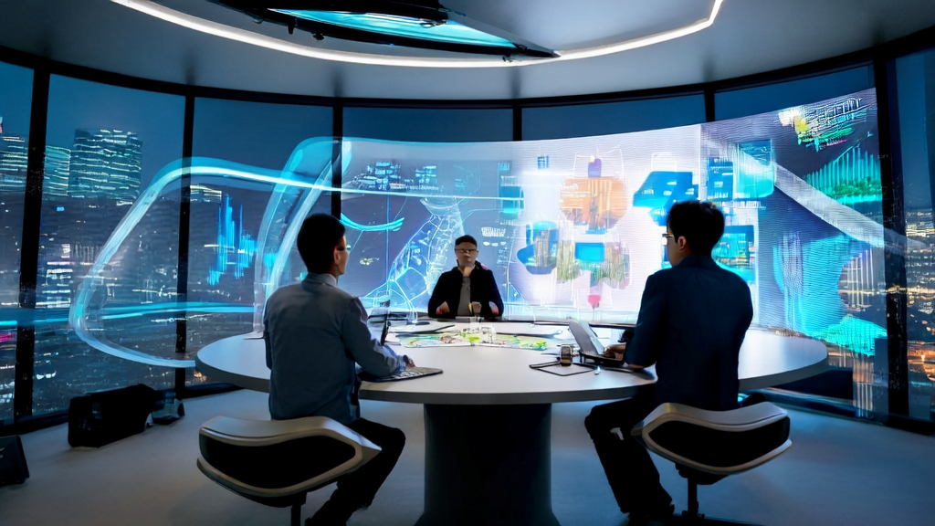 Tech workers in a futuristic office discussing AI email marketing strategies, with a bustling city night view in the background.